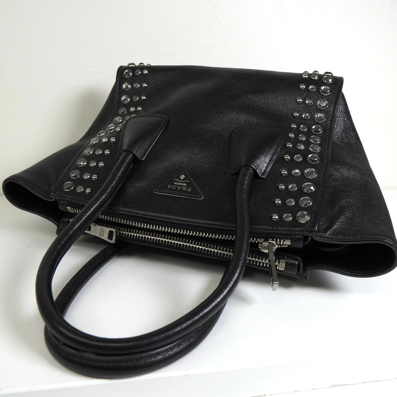 プラダ レザー ビジュー スタッズ 2way ハンドバッグ ショルダーバッグ ブラック