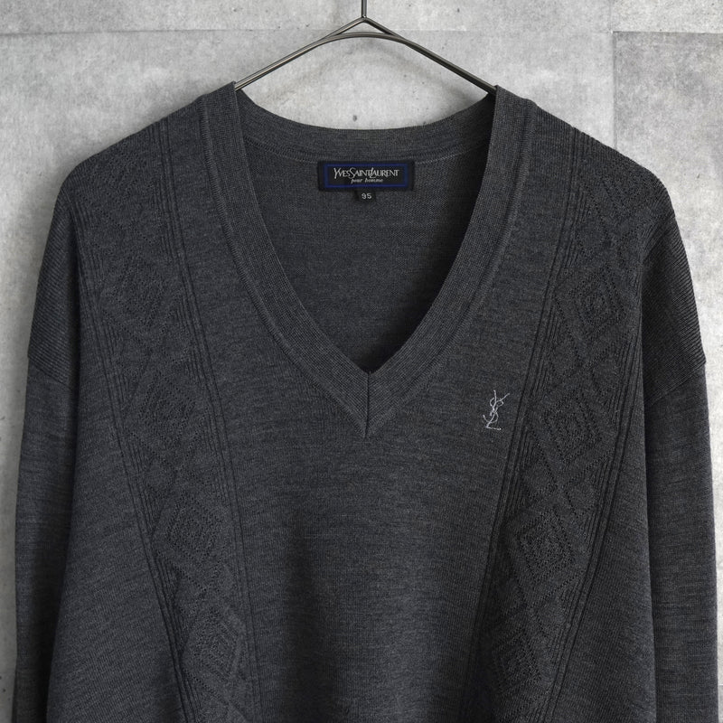 イヴ サンローラン ヴィンテージ Vネック YSLロゴ ニット グレー