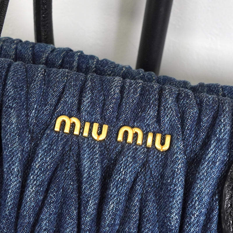 ミュウミュウ マテラッセ デニム / レザー 2way ハンドバッグ ショルダーバッグ ブルー / ブラック