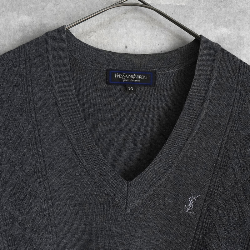 イヴ サンローラン ヴィンテージ Vネック YSLロゴ ニット グレー