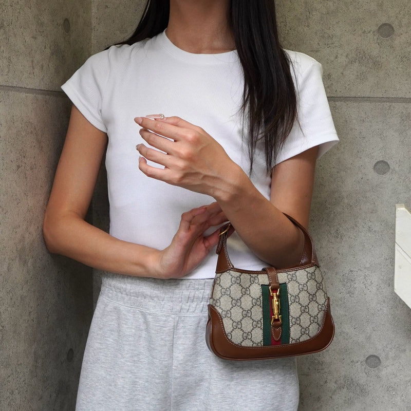 グッチ ジャッキー 1961 GGスプリーム / レザー 2way ミニ ハンドバッグ ショルダーバッグ ブラウン - NEWSED