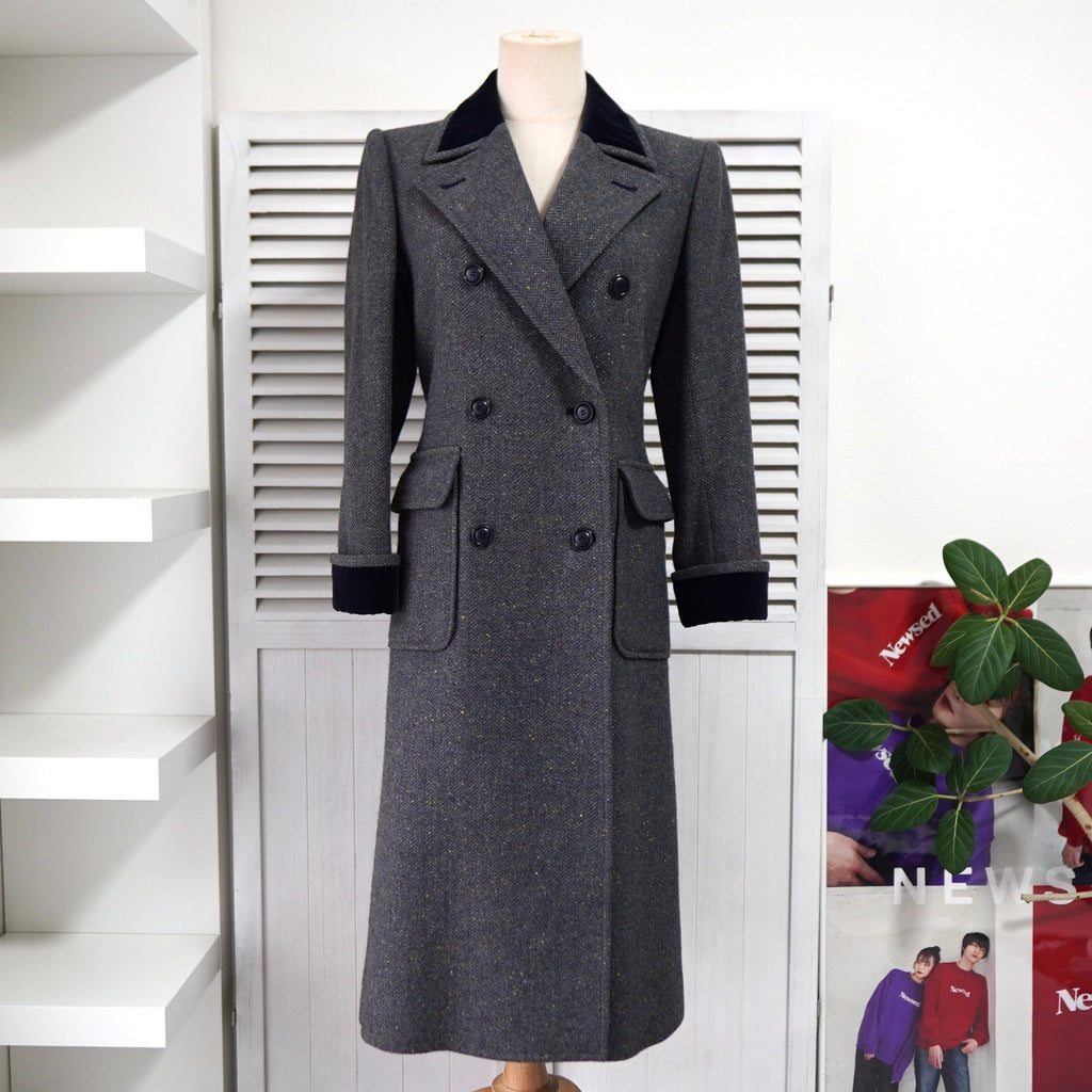 Yves Saint Laurent 1990s Vintage Silk Blend Herringbone Double Chesterfield Coat Long Coat Women's Grey