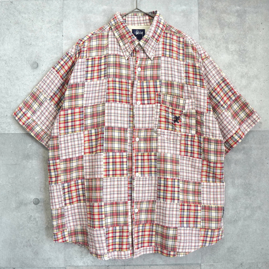Vintage Stüssy 1990s Check Embroidered Patchwork Short Sleeve Shirt in Red