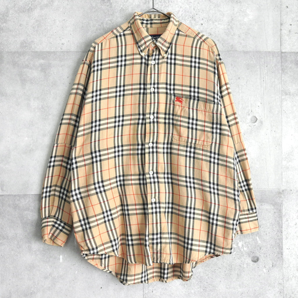 ★袖補修跡 バーバリー 1990's ヴィンテージ ノバチェック 長袖シャツ ホースロゴ刺繍 ベージュ