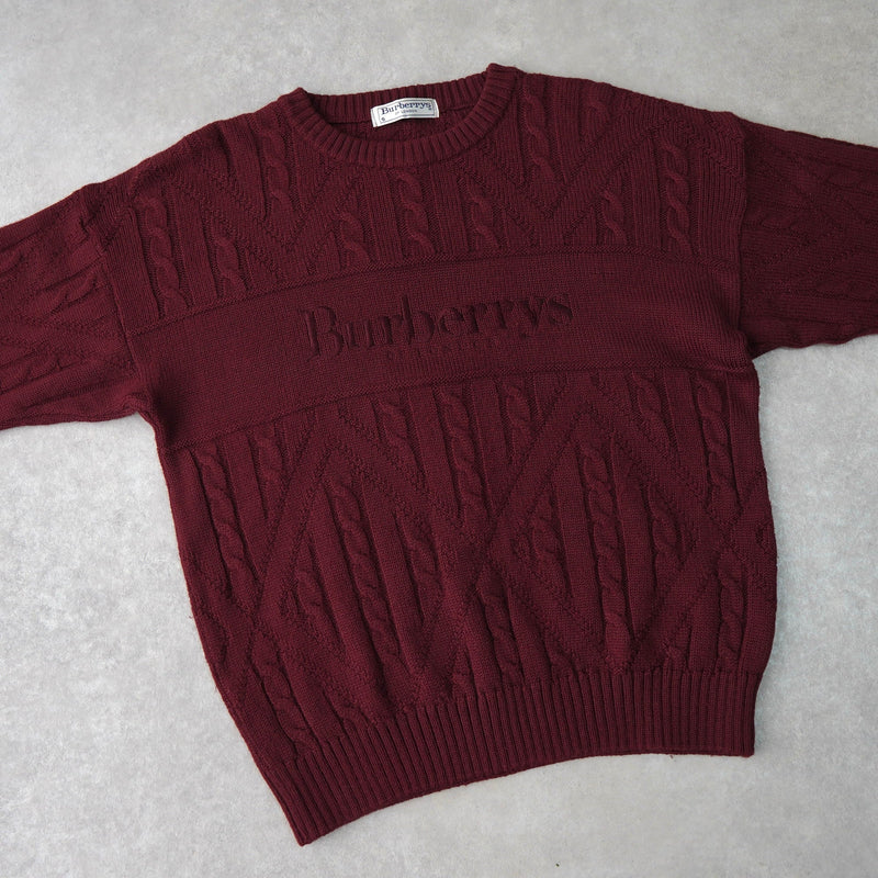 バーバリー ヴィンテージ 1990's ロゴ刺繍 ケーブル編み ニット ボルドー - NEWSED