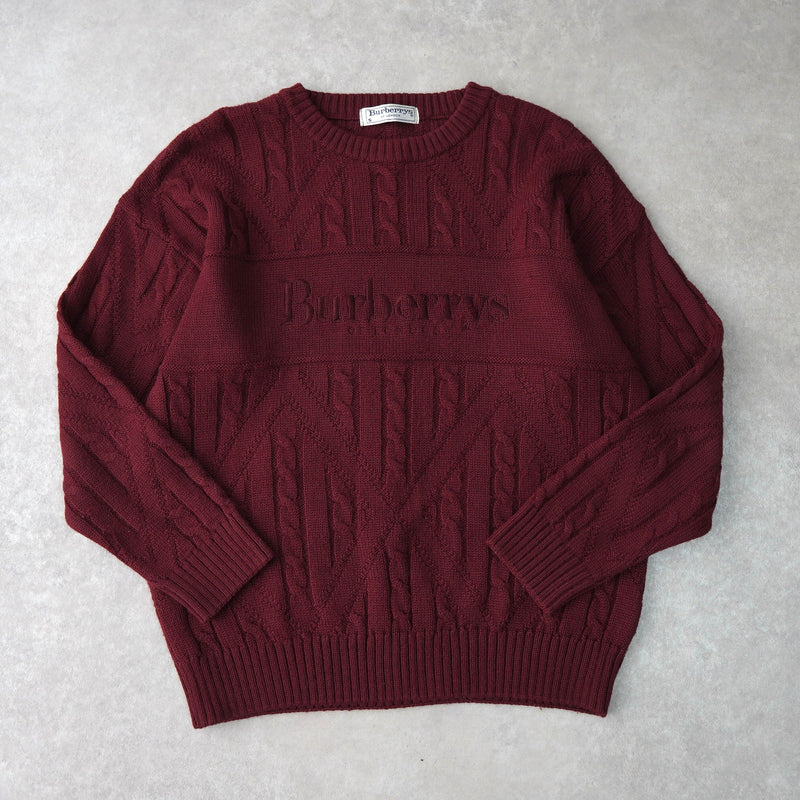バーバリー ヴィンテージ 1990's ロゴ刺繍 ケーブル編み ニット ボルドー - NEWSED