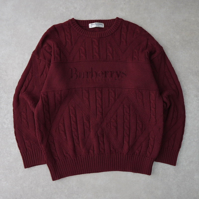 バーバリー ヴィンテージ 1990's ロゴ刺繍 ケーブル編み ニット ボルドー - NEWSED