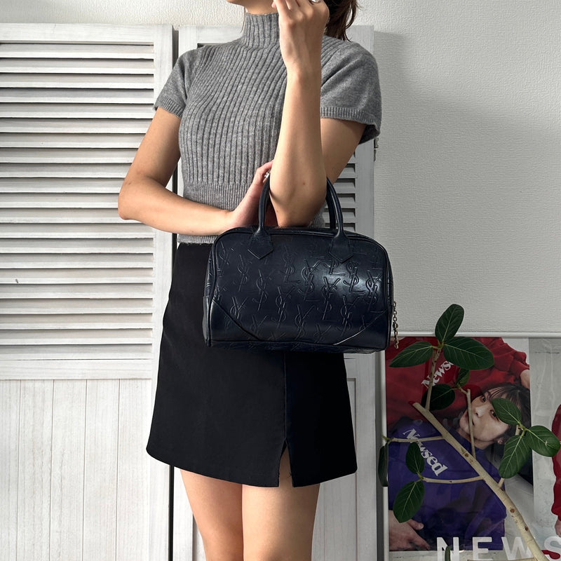 1990's Emboss Cassandra Logo Leather Mini Boston Bag - NEWSED