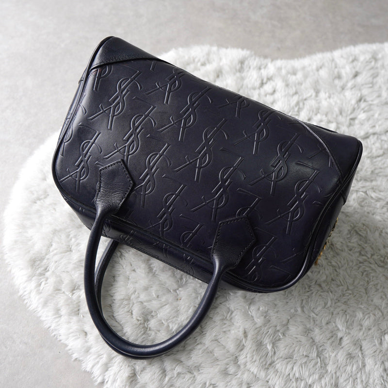 1990's Emboss Cassandra Logo Leather Mini Boston Bag - NEWSED