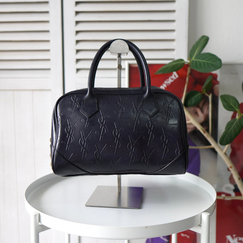 1990's Emboss Cassandra Logo Leather Mini Boston Bag - NEWSED