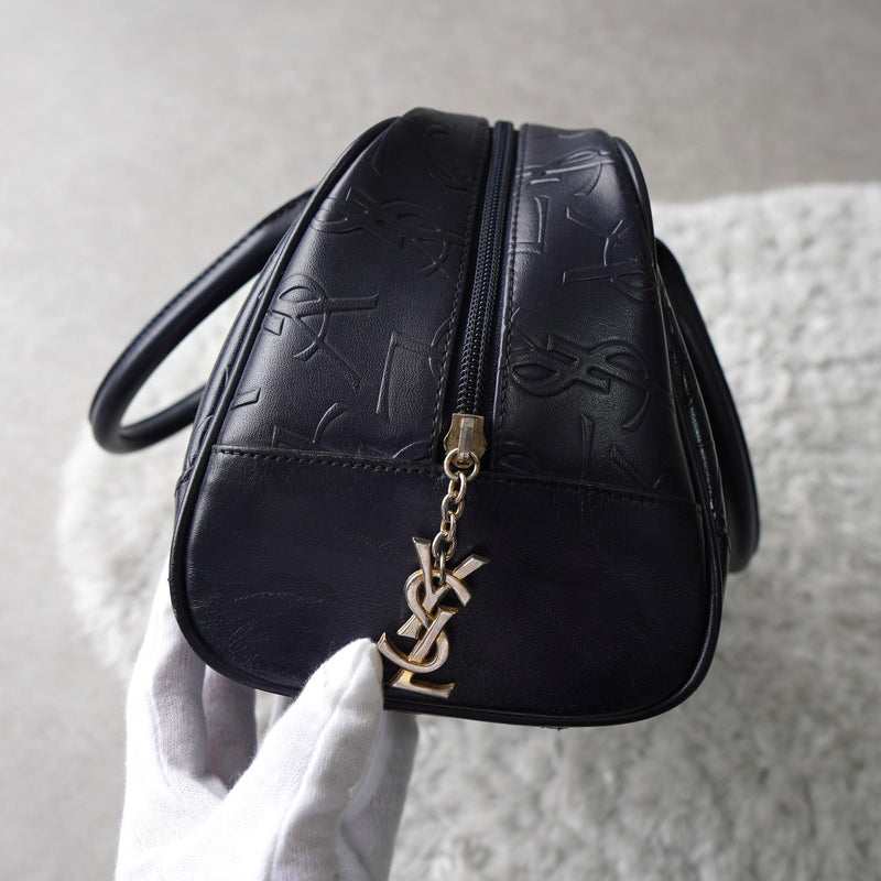 1990's Emboss Cassandra Logo Leather Mini Boston Bag - NEWSED