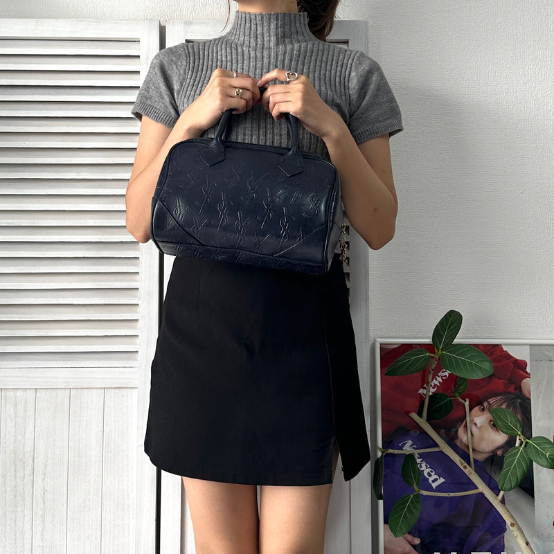 1990's Emboss Cassandra Logo Leather Mini Boston Bag - NEWSED