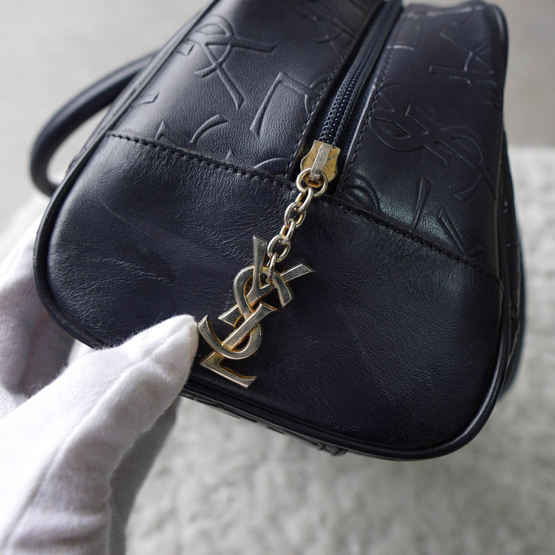 1990's Emboss Cassandra Logo Leather Mini Boston Bag - NEWSED