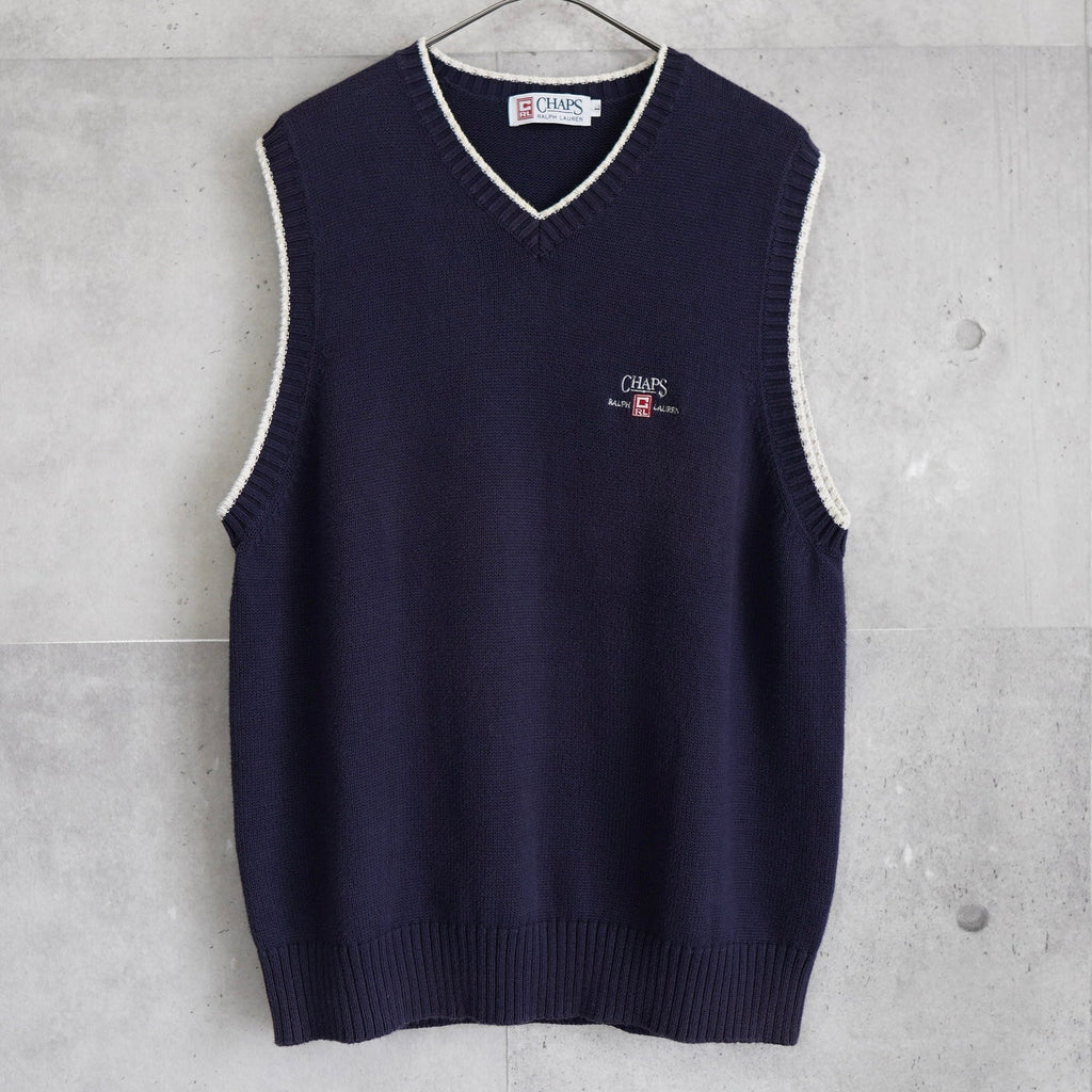 1990's チャップス ラルフローレン ワンポイント ロゴ刺繍 コットン ニットベスト チルデンニット ネイビー×ホワイト Lサイズ