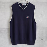 1990's チャップス ラルフローレン ワンポイント ロゴ刺繍 コットン ニットベスト チルデンニット ネイビー×ホワイト Lサイズ - NEWSED