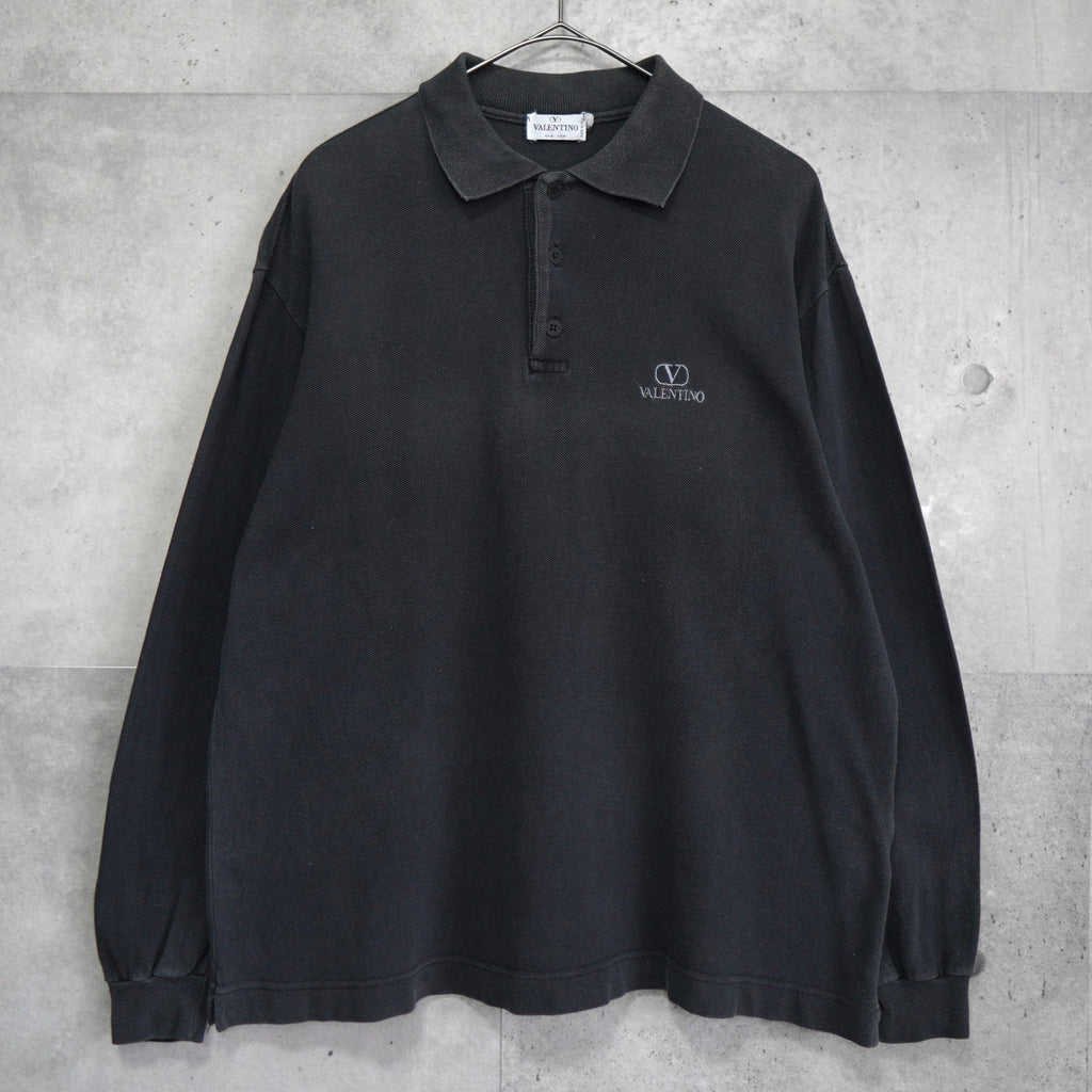 1990's ヴァレンティノ ガラヴァーニ Vロゴ ワンポイント刺繍 長袖ポロシャツ グレー フェード メンズL相当