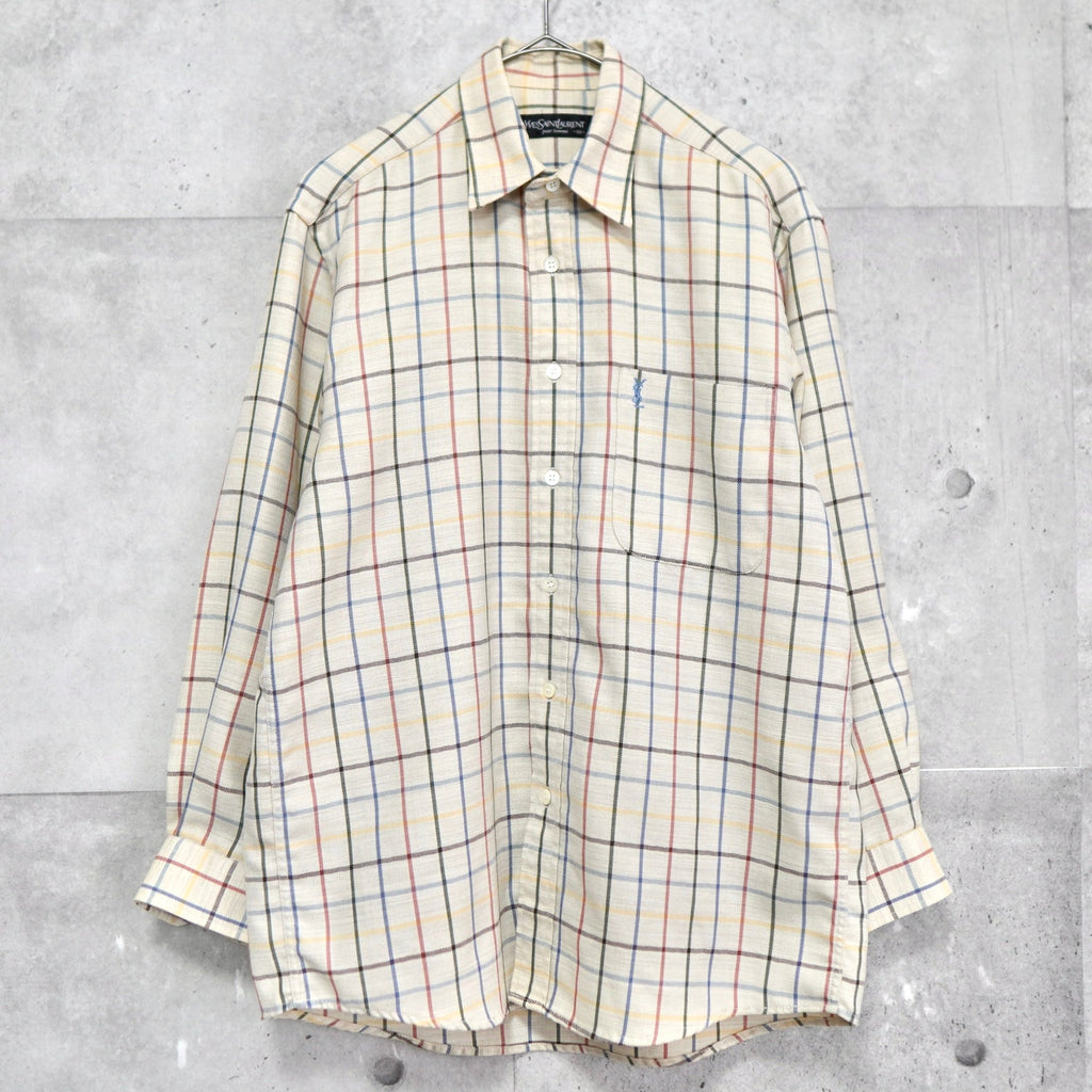 イヴサンローラン 1990s ヴィンテージ YSLロゴ 長袖シャツ チェック柄 イエロー