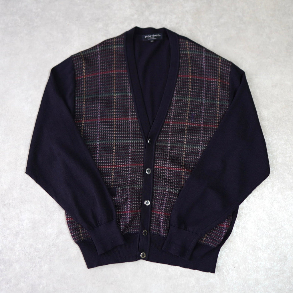 イヴ サンローラン 1990's ヴィンテージ YSLロゴ ウール カーディガン チェック柄 ネイビー