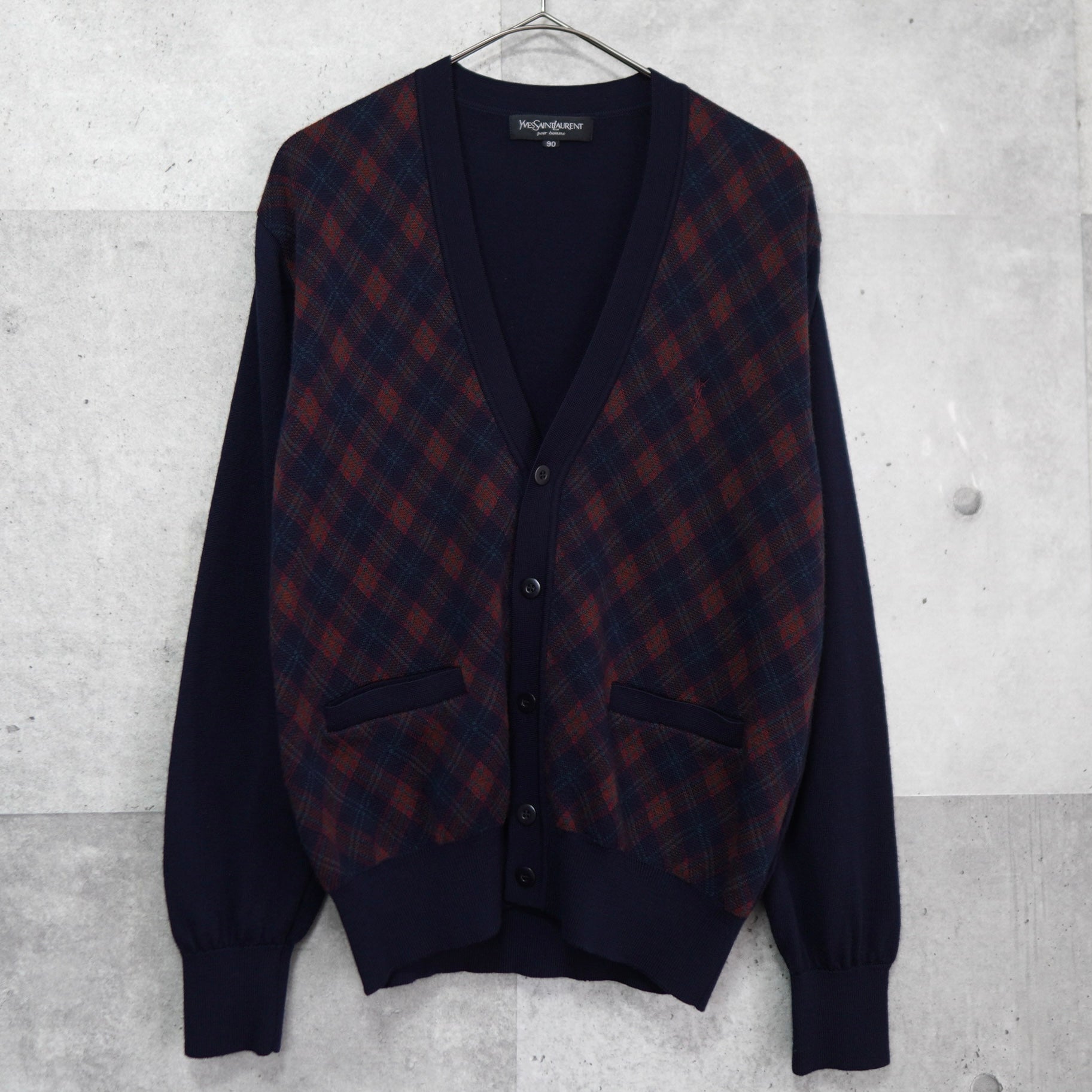 Yves Saint Laurent 1990's Vintage YSL logo check pattern knit cardigan ...