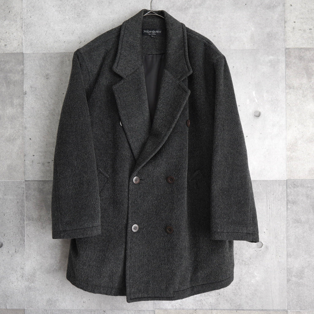 イヴ サンローラン 1990's ヴィンテージ YSLロゴ ダブルブレスト ウールコート コクーンコート オーバーコート グレー