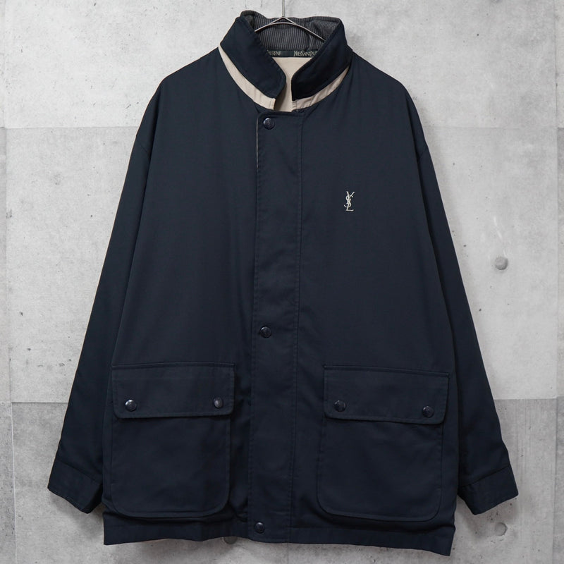 イヴ サンローラン 1990's ヴィンテージ YSLロゴ 刺繍 リバーシブル ミドル丈 ブルゾン ナイロンジャケット ネイビー / ベージュ - NEWSED