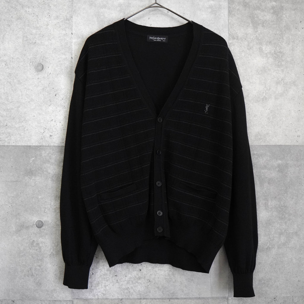 Vintage YSL logo embroidered striped cardigan in black from the 1990s.