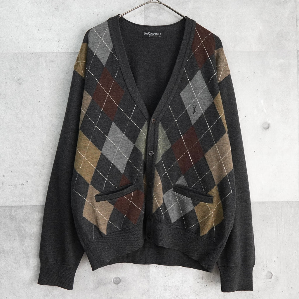 イヴ サンローラン 1990's ヴィンテージ YSLロゴ アーガイル柄 カーディガン グレー