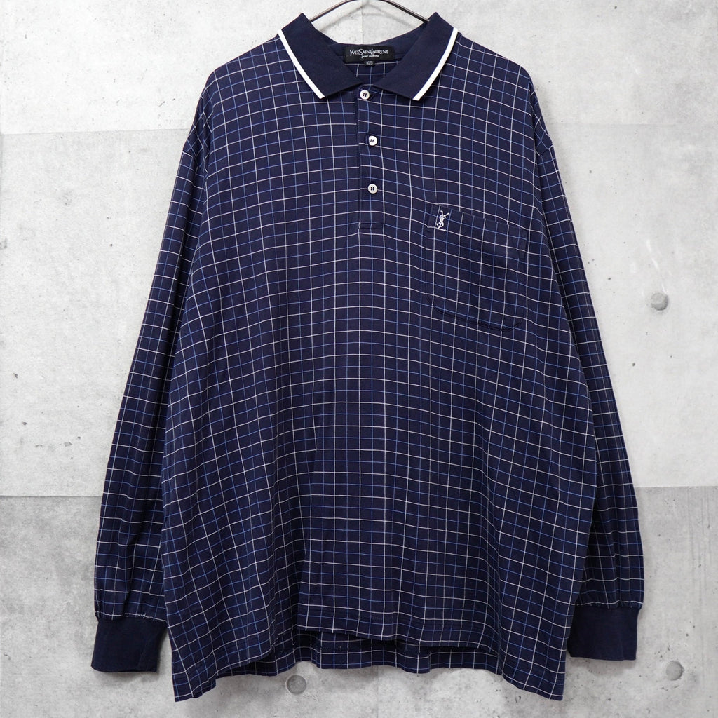イヴ サンローラン 1990's ヴィンテージ カサンドラロゴ YSLロゴ チェック 長袖ポロシャツ ネイビー