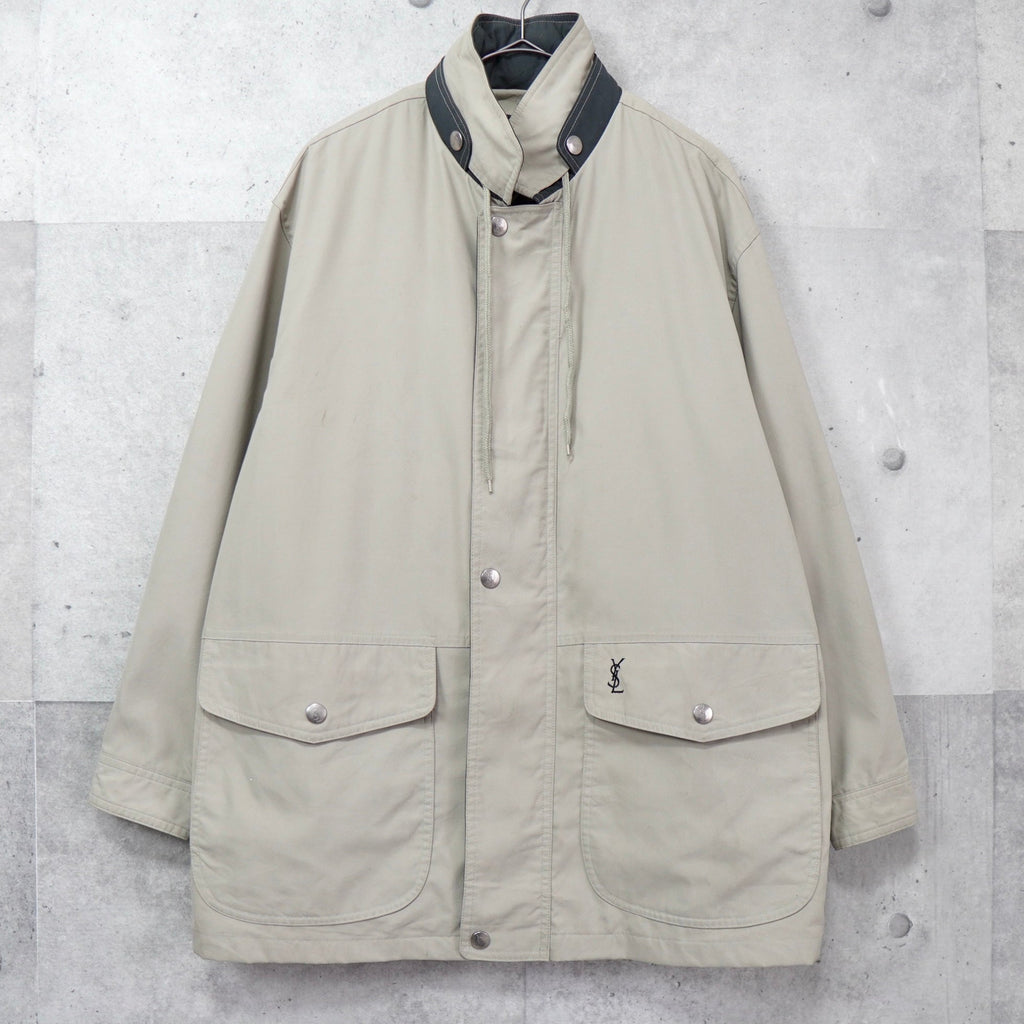 Yves Saint Laurent 1990's Vintage YSL logo embroidered blouson mid-length coat in beige