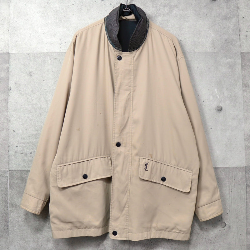イヴ サンローラン 1990's ヴィンテージ YSLロゴ 刺繍 リバーシブル ミドル丈 ブルゾン ナイロンジャケット ネイビー / ベージュ - NEWSED