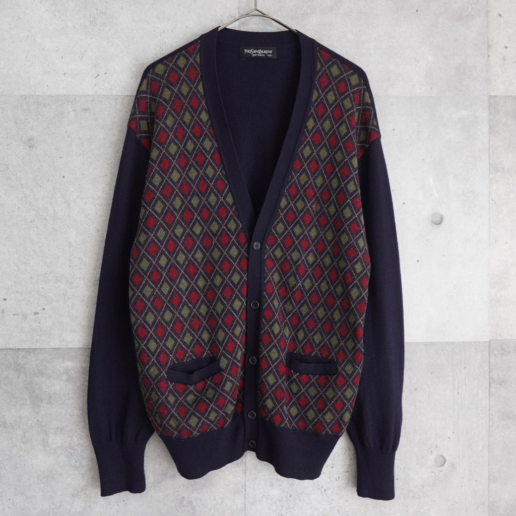 イヴ サンローラン 1990's ヴィンテージ YSLロゴ アーガイル柄 カーディガン ネイビー