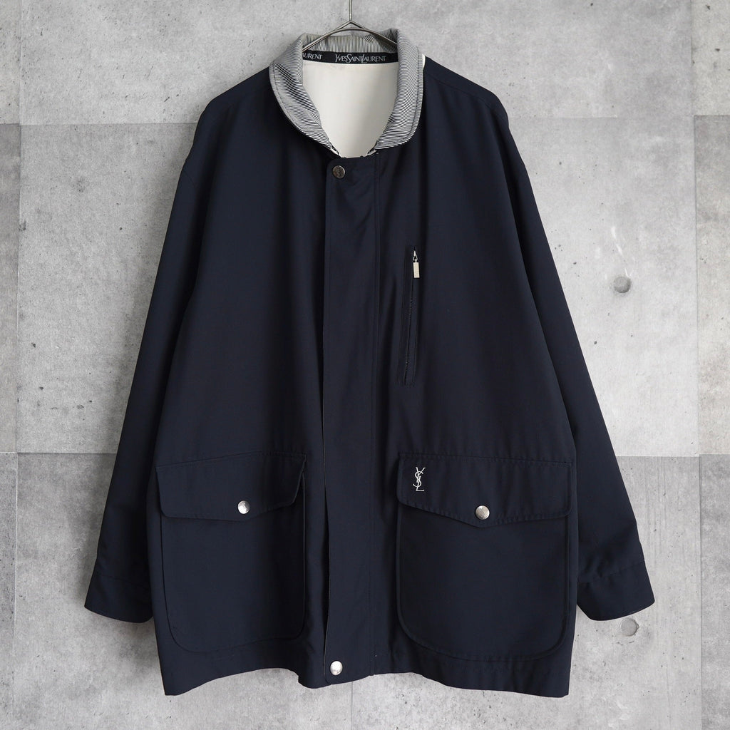 イヴ サンローラン 1990's ヴィンテージ YSLロゴ リバーシブル ブルゾン ミドルコート ホワイト / ネイビー