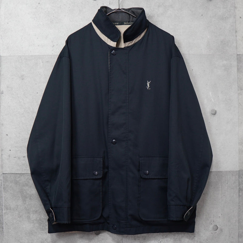 イヴ サンローラン 1990's ヴィンテージ YSLロゴ 刺繍 リバーシブル ミドル丈 ブルゾン ナイロンジャケット ネイビー / ベージュ - NEWSED