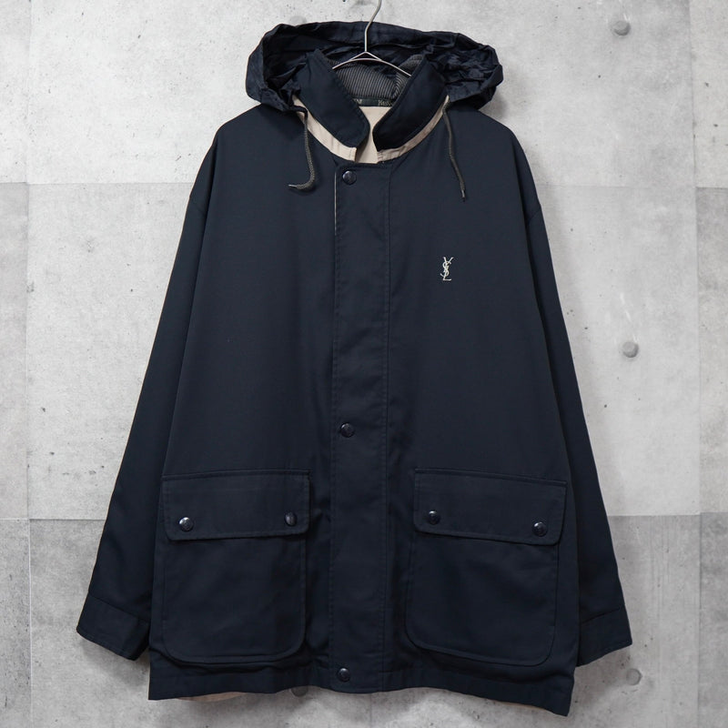 イヴ サンローラン 1990's ヴィンテージ YSLロゴ 刺繍 リバーシブル ミドル丈 ブルゾン ナイロンジャケット ネイビー / ベージュ - NEWSED