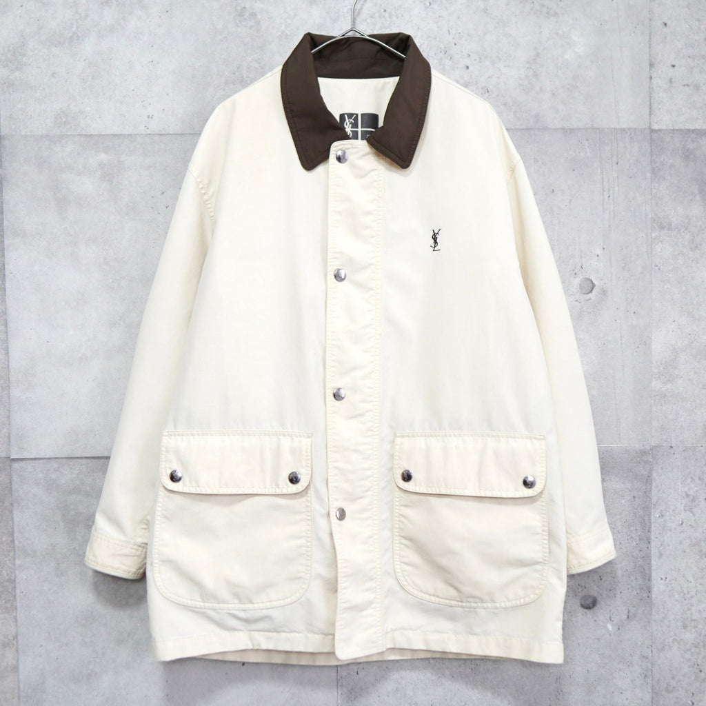 イヴ サンローラン 1990's ヴィンテージ YSLロゴ ミドルコート カバーオール ブルゾン アイボリー/ブラウン