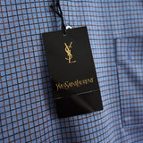 1990's イヴ・サンローラン カサンドラロゴ YSLロゴ ワンポイント刺繍 チェック柄 長袖シャツ ブルー Lサイズ デッドストック - NEWSED