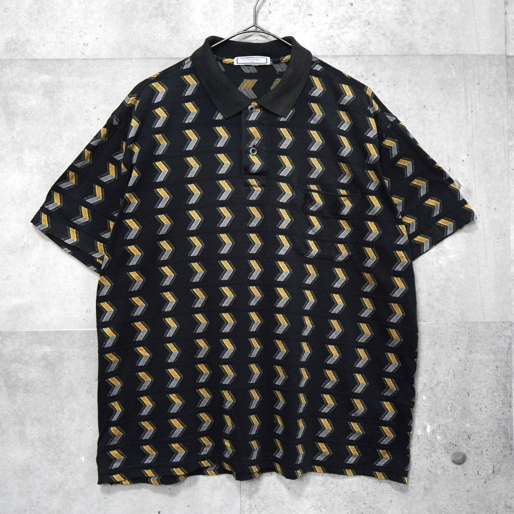 1990's カサンドラロゴ YSLロゴ ワンポイント刺繍 総柄 半袖ポロシャツ ブラック / イエロー Lサイズ