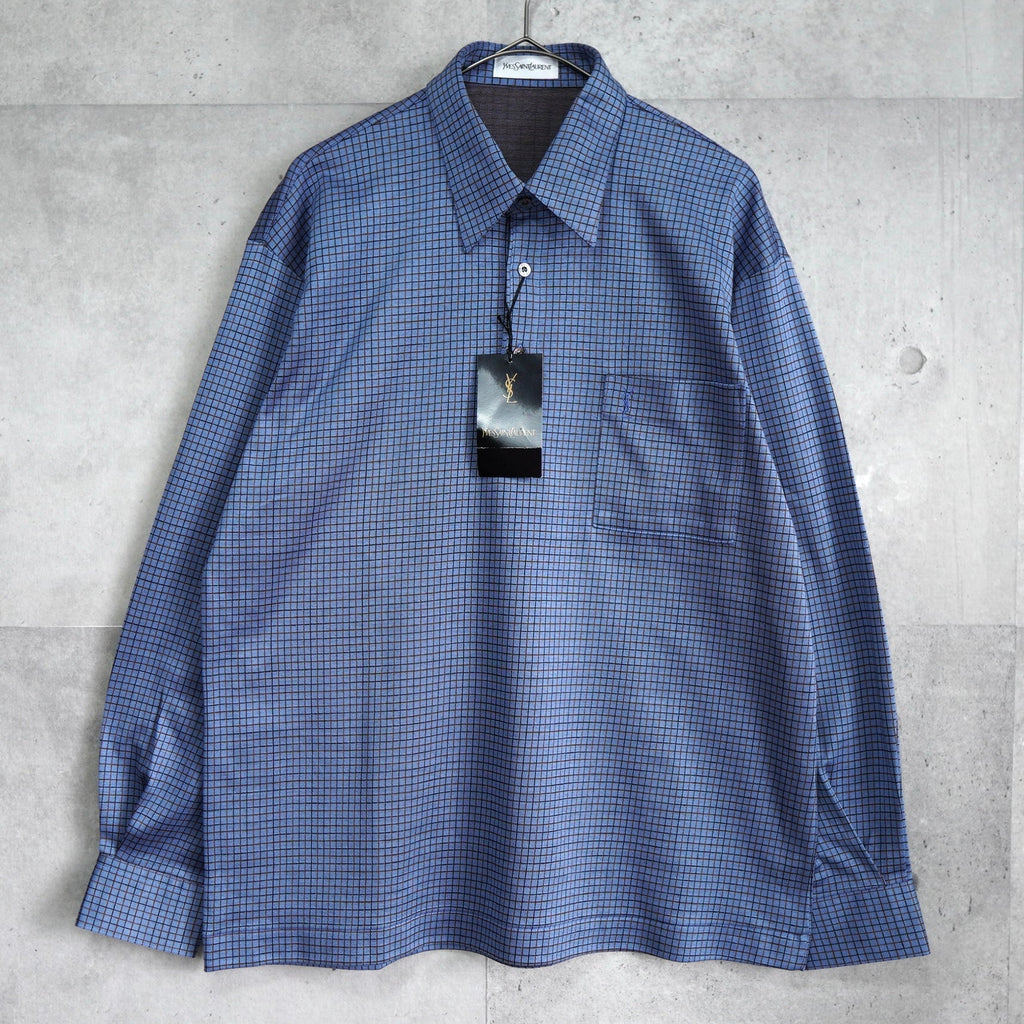 1990's イヴ・サンローラン カサンドラロゴ YSLロゴ ワンポイント刺繍 チェック柄 長袖シャツ ブルー Lサイズ デッドストック