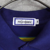 1990's イヴ・サンローラン カサンドラロゴ YSLロゴ ワンポイント刺繍 ボーダー柄 半袖ポロシャツ ブルー×イエロー Mサイズ - NEWSED