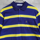 1990's イヴ・サンローラン カサンドラロゴ YSLロゴ ワンポイント刺繍 ボーダー柄 半袖ポロシャツ ブルー×イエロー Mサイズ - NEWSED