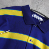 1990's イヴ・サンローラン カサンドラロゴ YSLロゴ ワンポイント刺繍 ボーダー柄 半袖ポロシャツ ブルー×イエロー Mサイズ - NEWSED