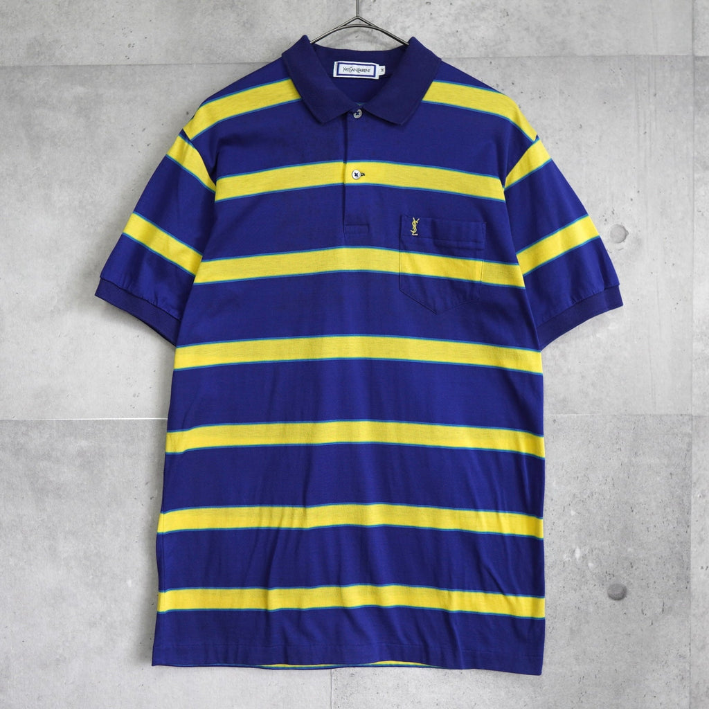 1990's イヴ・サンローラン カサンドラロゴ YSLロゴ ワンポイント刺繍 ボーダー柄 半袖ポロシャツ ブルー×イエロー Mサイズ