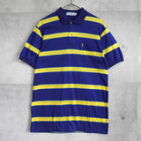 1990's イヴ・サンローラン カサンドラロゴ YSLロゴ ワンポイント刺繍 ボーダー柄 半袖ポロシャツ ブルー×イエロー Mサイズ - NEWSED
