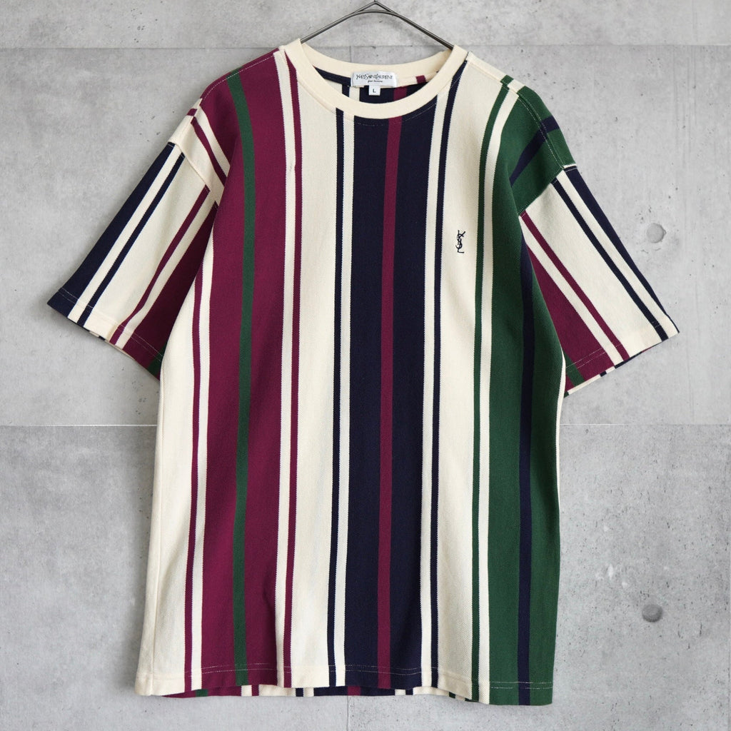1990's イヴ・サンローラン カサンドラロゴ YSLロゴ ワンポイント刺繍 ストライプ柄 Tシャツ トップス マルチカラー Lサイズ