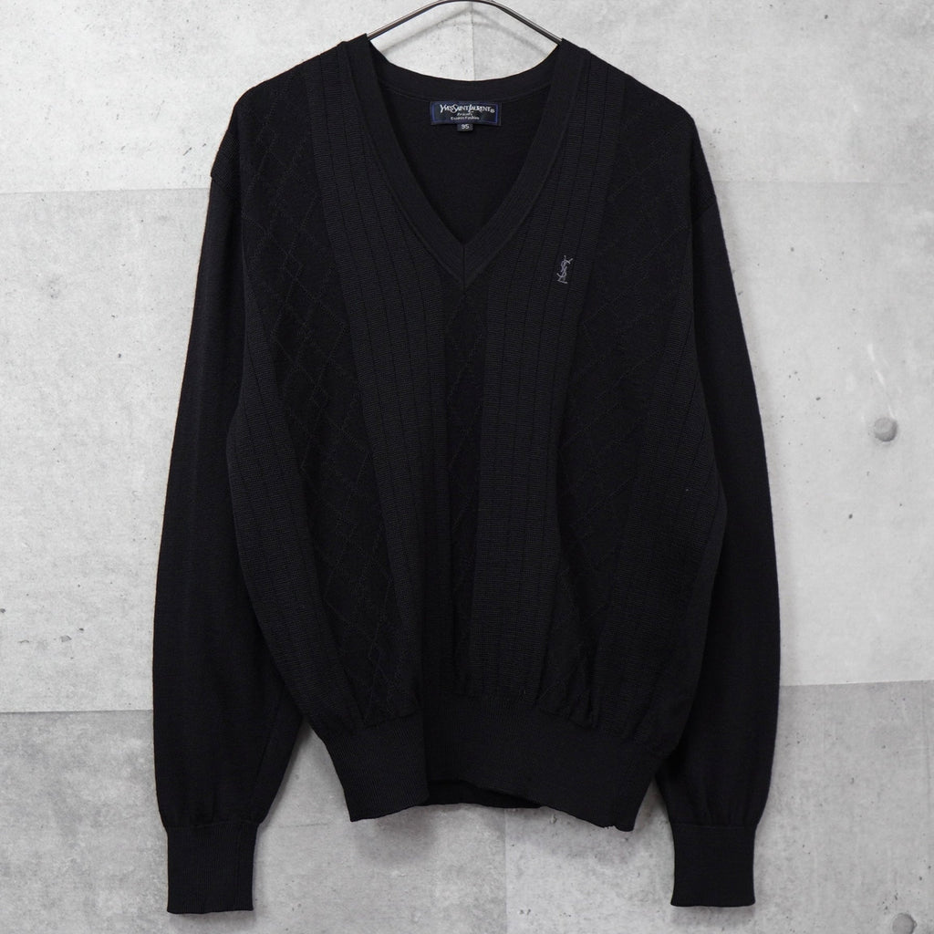 Yves Saint Laurent 1990's Vintage YSL Logo Embroidered V-neck Knit Black