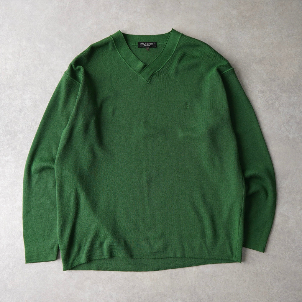イヴ サンローラン 1990's ヴィンテージ YSLロゴ Vネック 切りっぱなし ニット グリーン