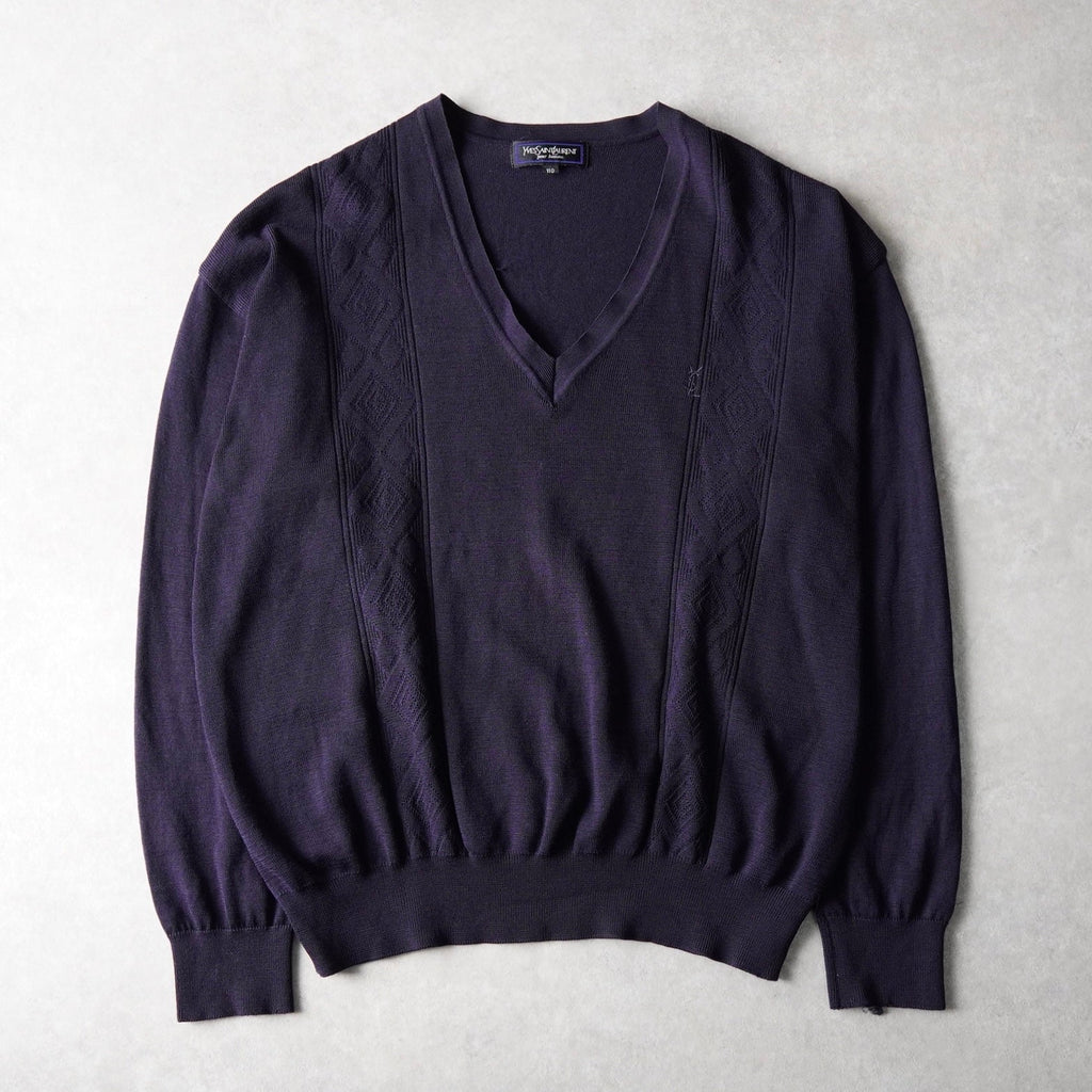 Yves Saint Laurent 1990's Vintage Cassandra Logo YSL Logo V-neck Knit Navy