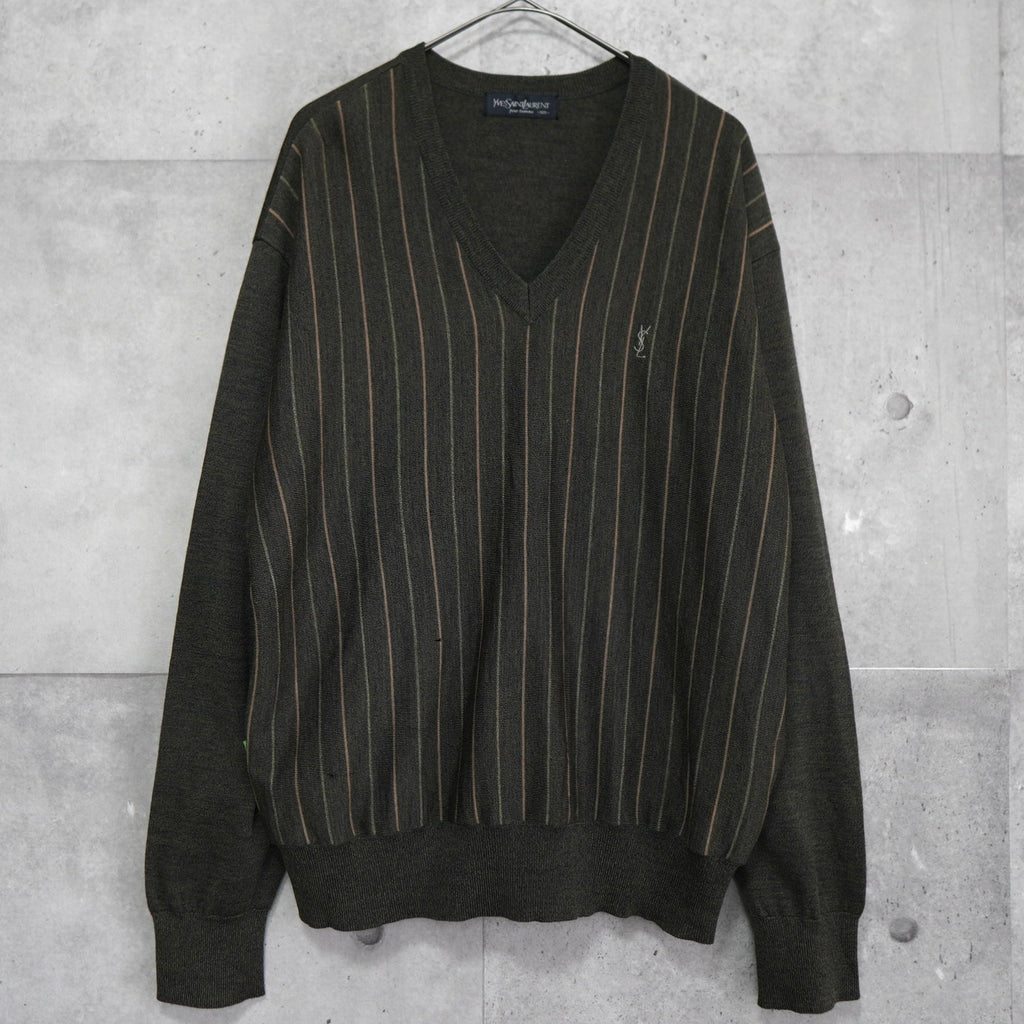 イヴサンローラン 1990's ヴィンテージ YSLロゴ ニット Vネック ストライプ柄 カーキ