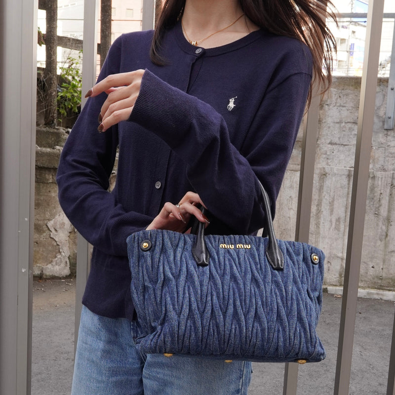 ミュウミュウ マテラッセ デニム / レザー 2way ハンドバッグ ショルダーバッグ ブルー / ブラック
