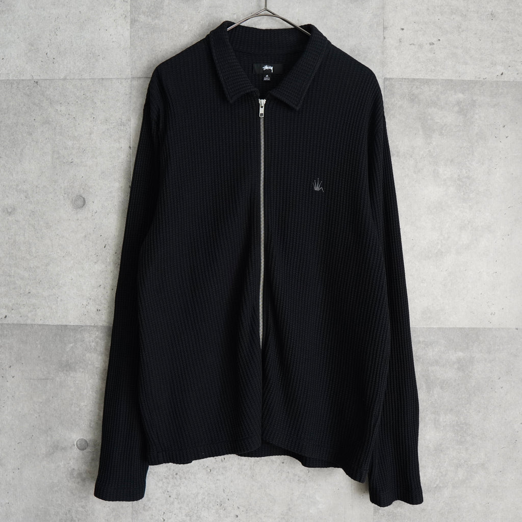 ステューシー Big Thermal Zip Shirt ワンポイントロゴ フルジップ サーマル ブラック メンズ